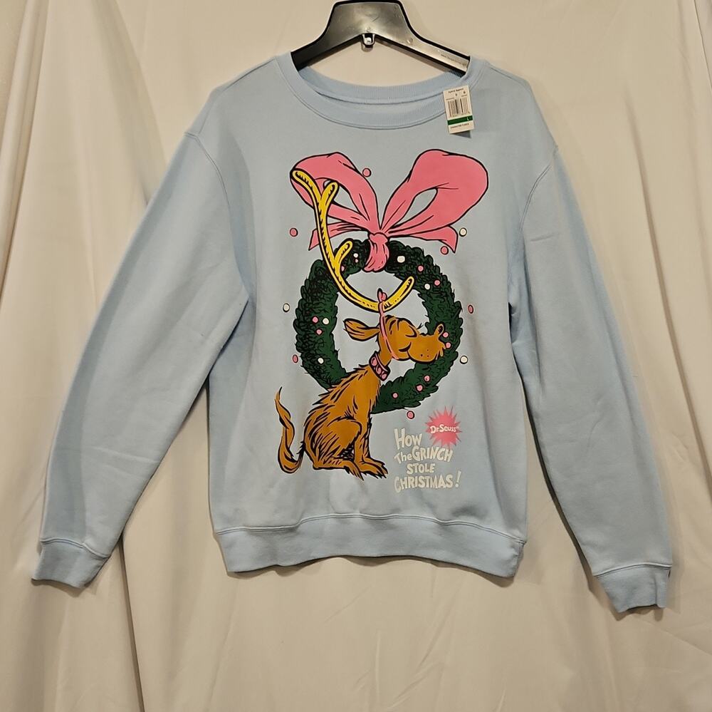 Dr. Seuss Grinch Max Fleece sweater Pullover Blue women Large christmas NWT new